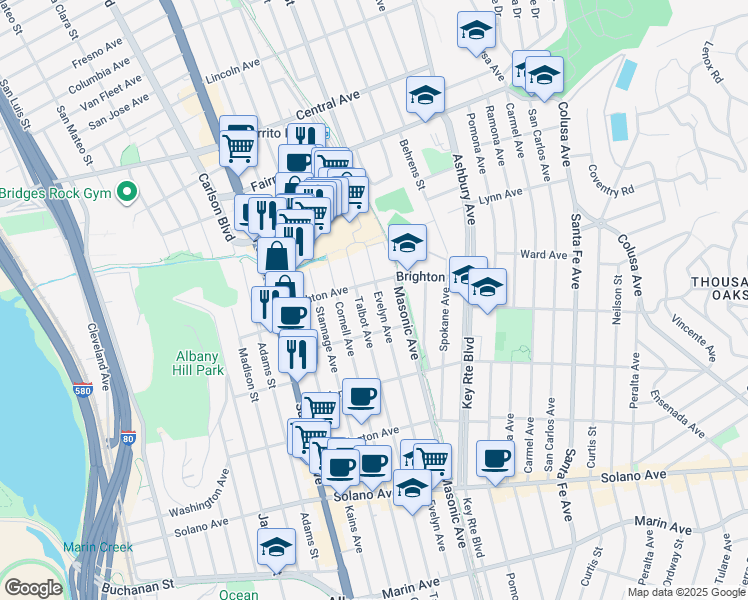 map of restaurants, bars, coffee shops, grocery stores, and more near 510 Evelyn Avenue in Albany