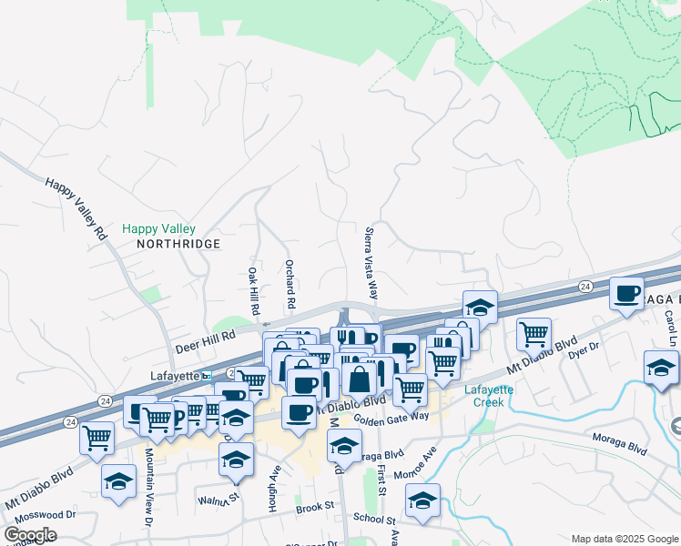 map of restaurants, bars, coffee shops, grocery stores, and more near 1084 Laurel Drive in Lafayette