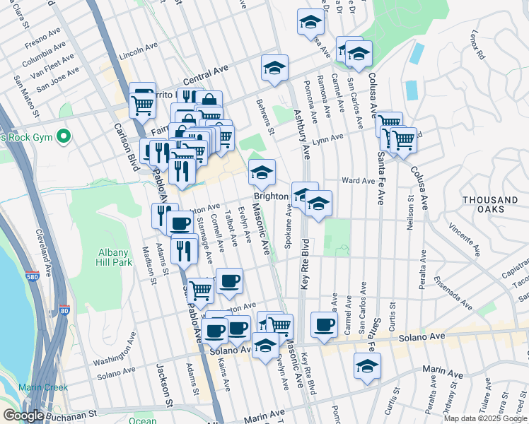 map of restaurants, bars, coffee shops, grocery stores, and more near 1260 Brighton Avenue in Albany