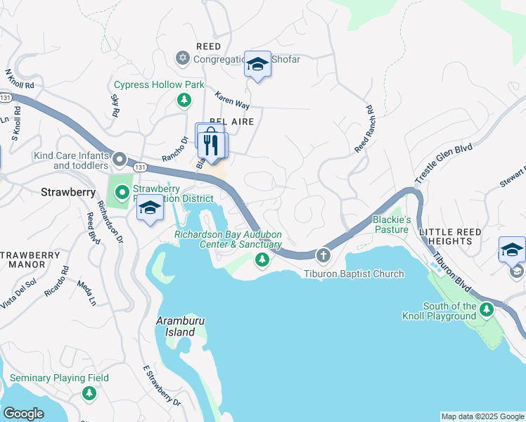map of restaurants, bars, coffee shops, grocery stores, and more near 398 Cecilia Way in Tiburon