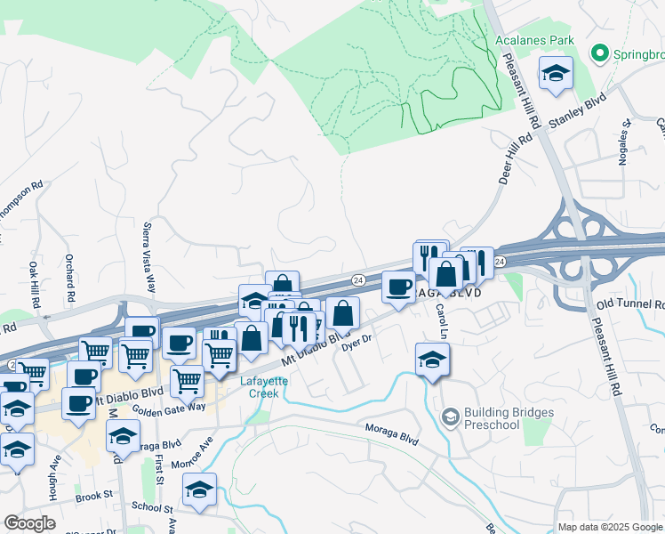 map of restaurants, bars, coffee shops, grocery stores, and more near 3390 Deer Hill Road in Lafayette