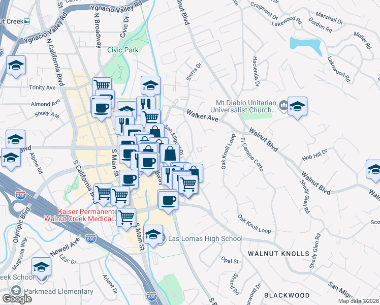 map of restaurants, bars, coffee shops, grocery stores, and more near 289 Sierra Drive in Walnut Creek