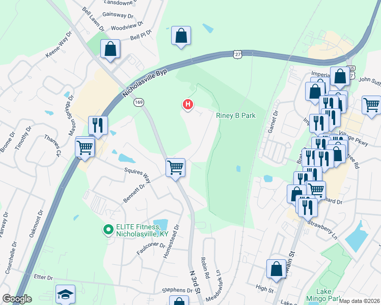 map of restaurants, bars, coffee shops, grocery stores, and more near 113 Rainbow Drive in Nicholasville