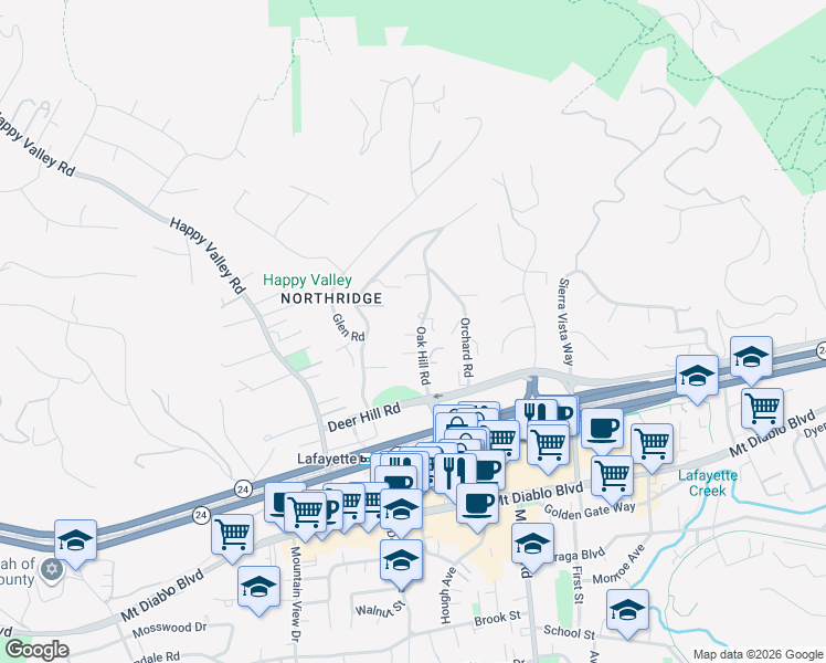 map of restaurants, bars, coffee shops, grocery stores, and more near 1085 Oak Hill Road in Lafayette