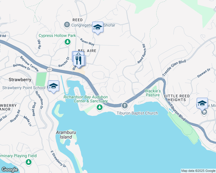 map of restaurants, bars, coffee shops, grocery stores, and more near 1 Andrew Drive in Tiburon