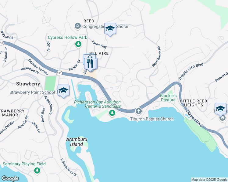 map of restaurants, bars, coffee shops, grocery stores, and more near 398 Cecilia Way in Tiburon