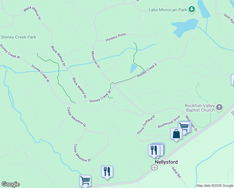 map of restaurants, bars, coffee shops, grocery stores, and more near Stoney Creek West in Nellysford
