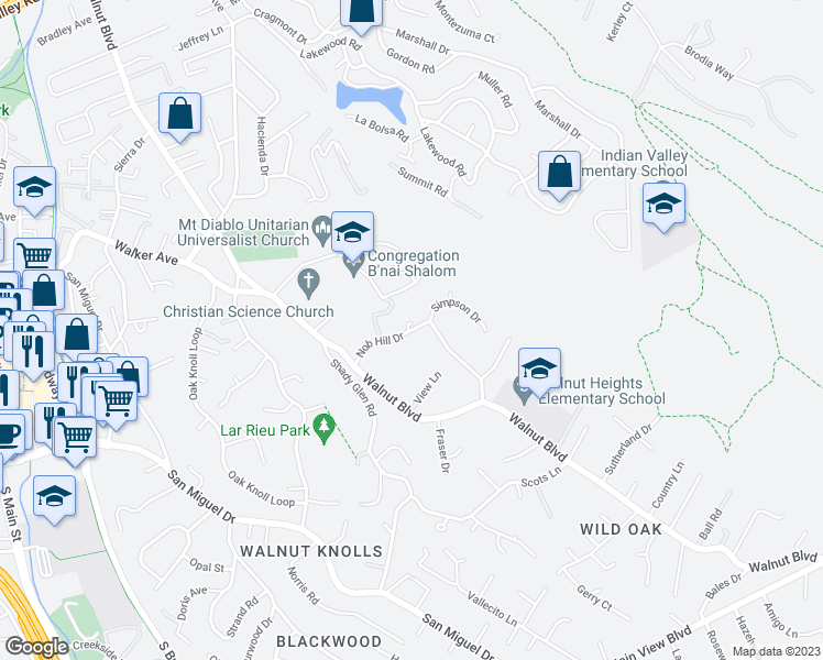 map of restaurants, bars, coffee shops, grocery stores, and more near Nob Hill Drive in Walnut Creek