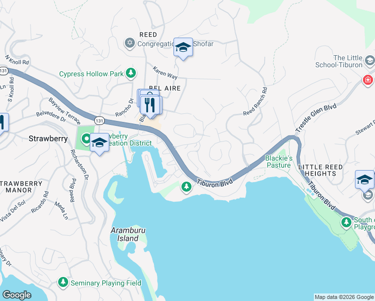 map of restaurants, bars, coffee shops, grocery stores, and more near 398 Cecilia Way in Tiburon