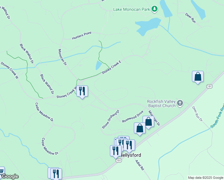 map of restaurants, bars, coffee shops, grocery stores, and more near Cedar Glen Close in Nellysford