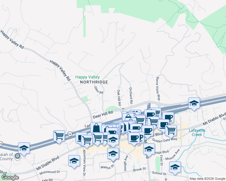 map of restaurants, bars, coffee shops, grocery stores, and more near 1085 Oak Hill Road in Lafayette