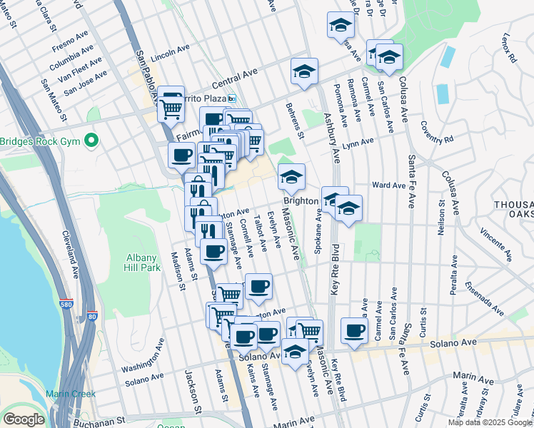 map of restaurants, bars, coffee shops, grocery stores, and more near 1240 Brighton Avenue in Albany