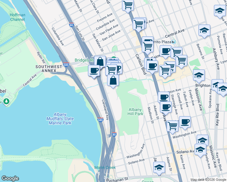 map of restaurants, bars, coffee shops, grocery stores, and more near 535 Pierce Street in Albany
