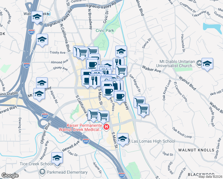 map of restaurants, bars, coffee shops, grocery stores, and more near 1200 Broadway Plaza in Walnut Creek
