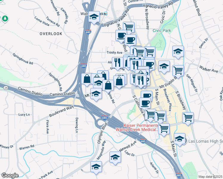 map of restaurants, bars, coffee shops, grocery stores, and more near 1936 Mount Diablo Boulevard in Walnut Creek
