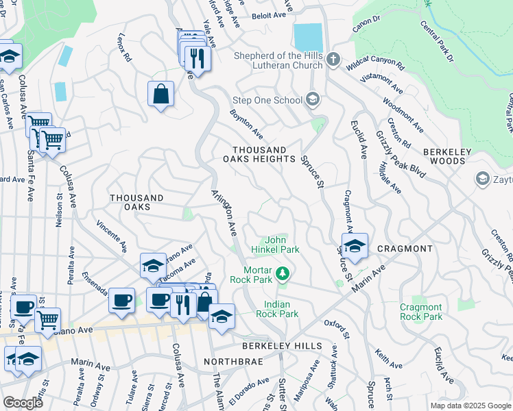map of restaurants, bars, coffee shops, grocery stores, and more near 1998 San Antonio Avenue in Berkeley