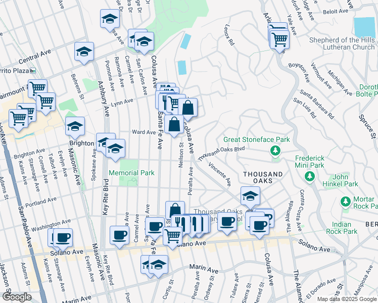 map of restaurants, bars, coffee shops, grocery stores, and more near 545 Neilson Street in Berkeley