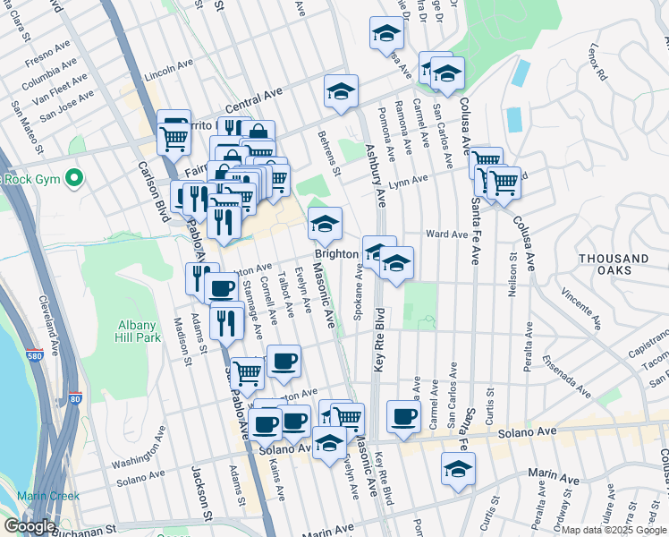 map of restaurants, bars, coffee shops, grocery stores, and more near 1260 Brighton Avenue in Albany