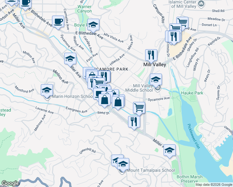 map of restaurants, bars, coffee shops, grocery stores, and more near 280 Sycamore Avenue in Mill Valley