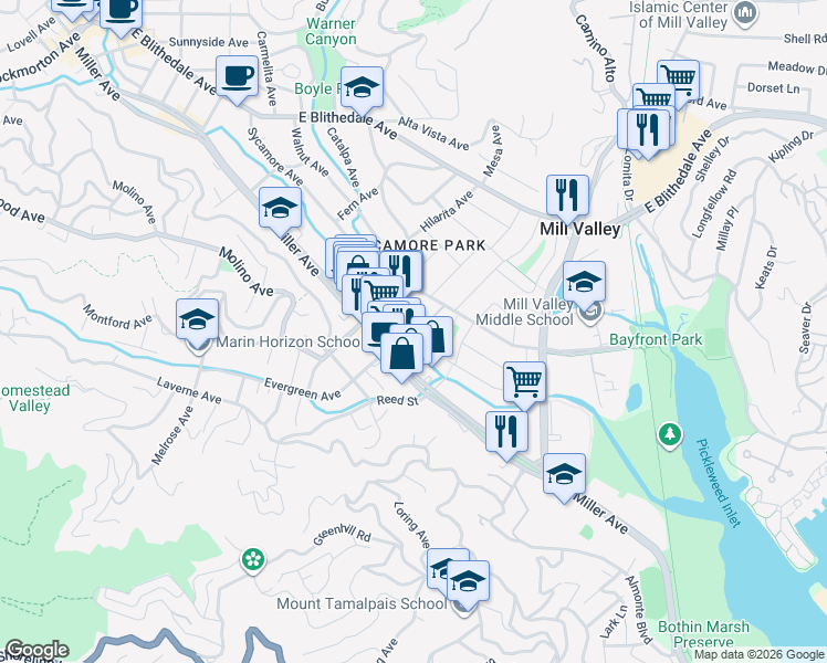 map of restaurants, bars, coffee shops, grocery stores, and more near 5 Park Terrace in Mill Valley