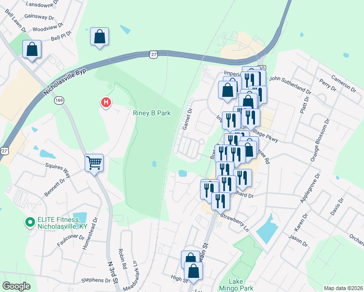 map of restaurants, bars, coffee shops, grocery stores, and more near 218 Garnet Drive in Nicholasville