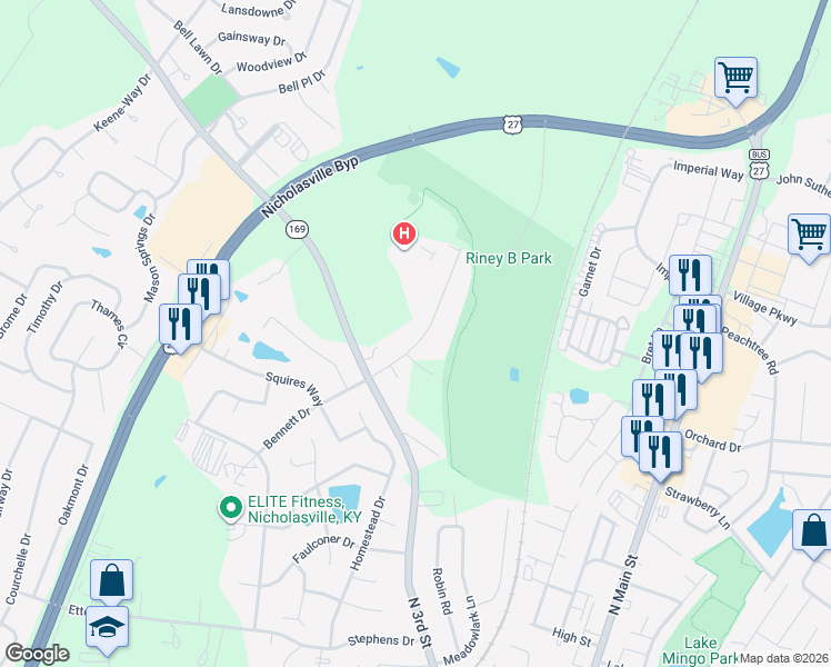 map of restaurants, bars, coffee shops, grocery stores, and more near 113 Rainbow Drive in Nicholasville