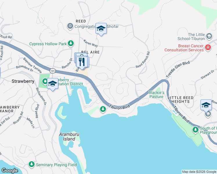 map of restaurants, bars, coffee shops, grocery stores, and more near 20 Andrew Drive in Belvedere Tiburon