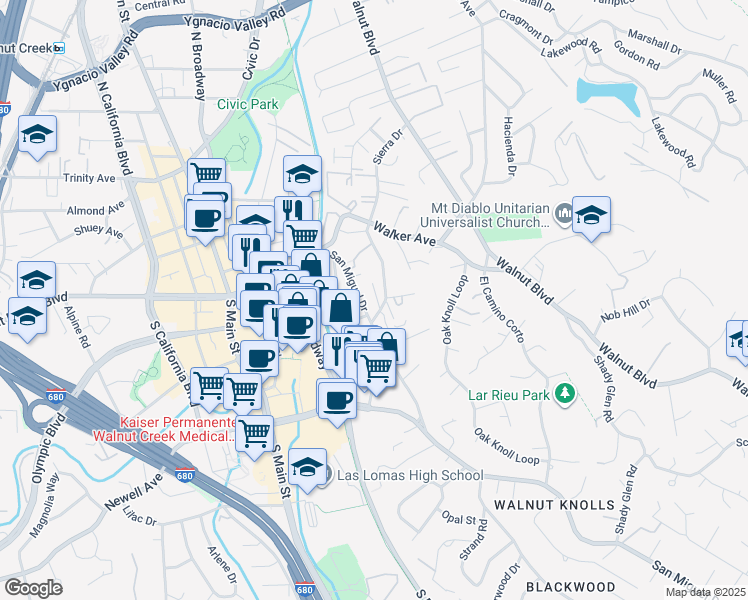 map of restaurants, bars, coffee shops, grocery stores, and more near 289 Sierra Drive in Walnut Creek