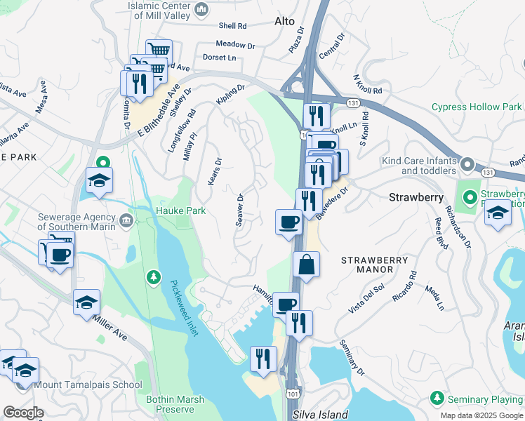 map of restaurants, bars, coffee shops, grocery stores, and more near 16 Tennyson Drive in Mill Valley