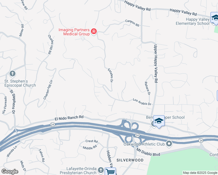 map of restaurants, bars, coffee shops, grocery stores, and more near 1121 Estates Drive in Lafayette