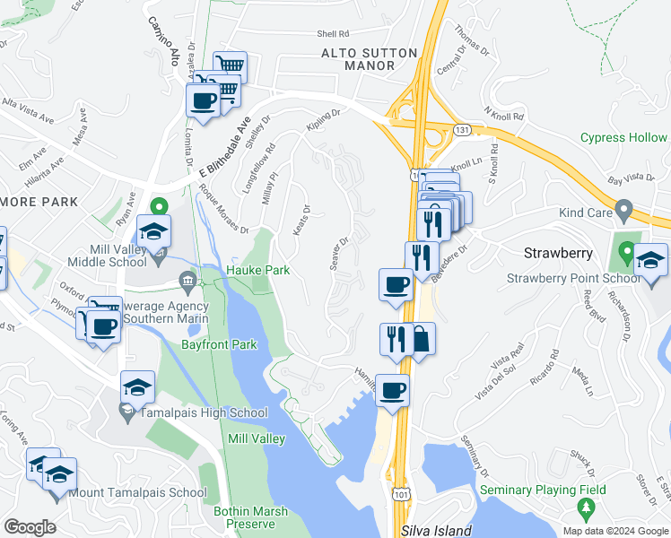 map of restaurants, bars, coffee shops, grocery stores, and more near 517 Seaver Drive in Mill Valley