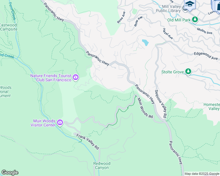 map of restaurants, bars, coffee shops, grocery stores, and more near 61 Ridge Avenue in Mill Valley