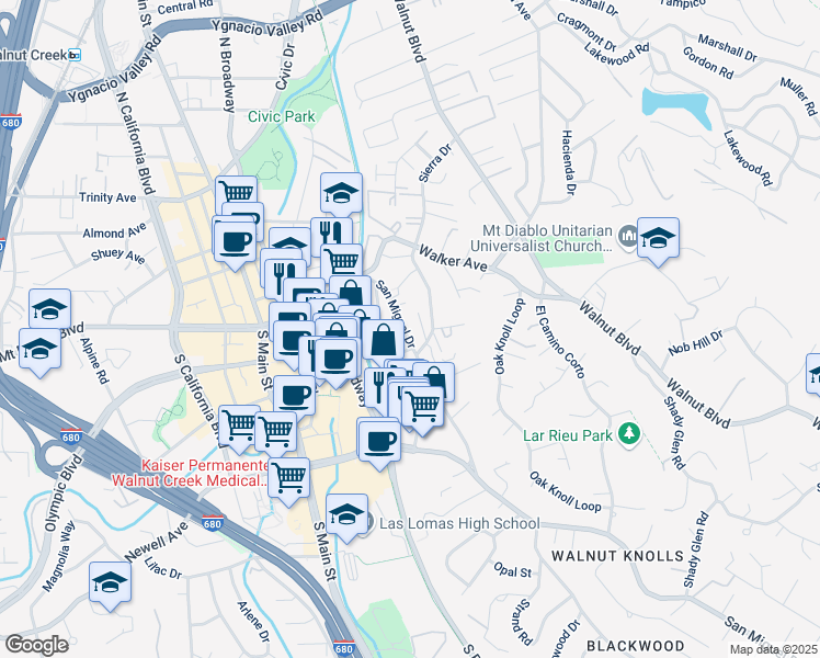 map of restaurants, bars, coffee shops, grocery stores, and more near 261 Sierra Drive in Walnut Creek