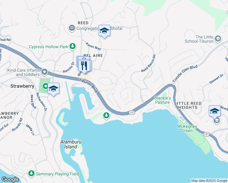 map of restaurants, bars, coffee shops, grocery stores, and more near 1 Andrew Drive in Tiburon