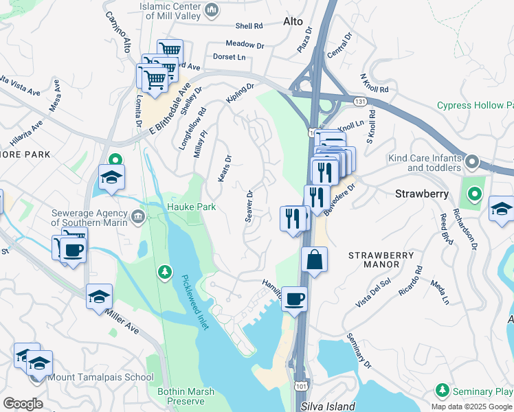 map of restaurants, bars, coffee shops, grocery stores, and more near 515 Seaver Drive in Mill Valley