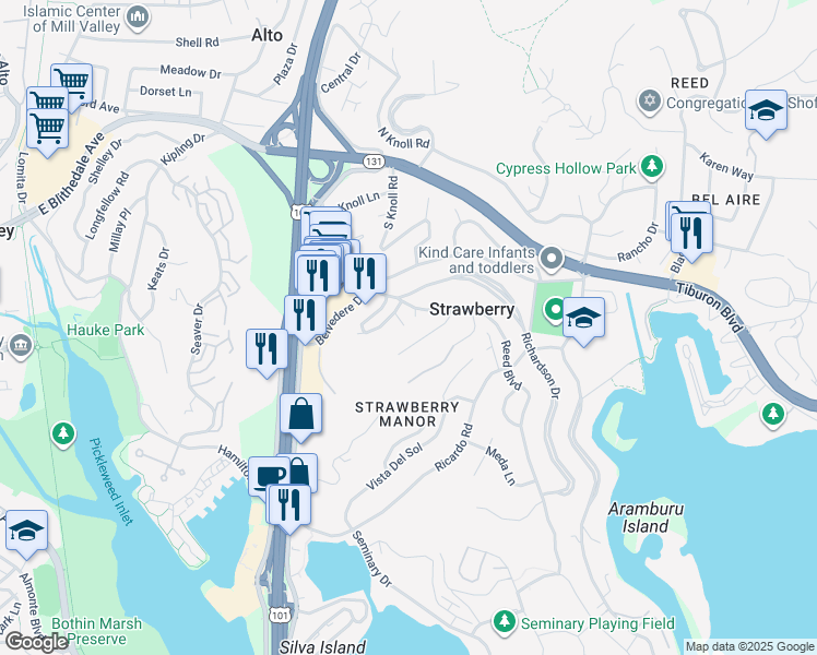 map of restaurants, bars, coffee shops, grocery stores, and more near 9 Clotilda Court in Mill Valley