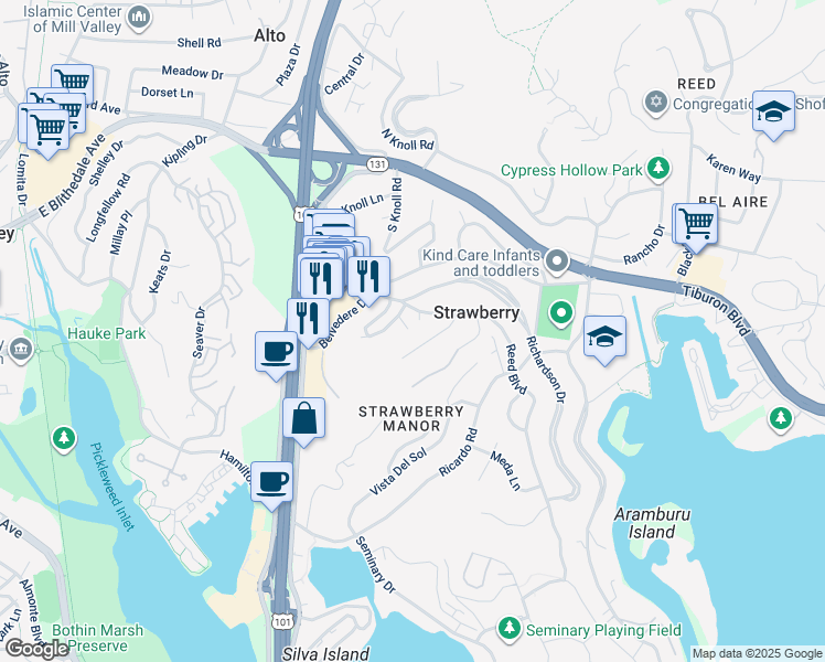 map of restaurants, bars, coffee shops, grocery stores, and more near 9 Clotilda Court in Mill Valley