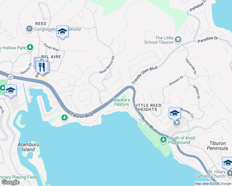 map of restaurants, bars, coffee shops, grocery stores, and more near 480 Washington Court in Tiburon