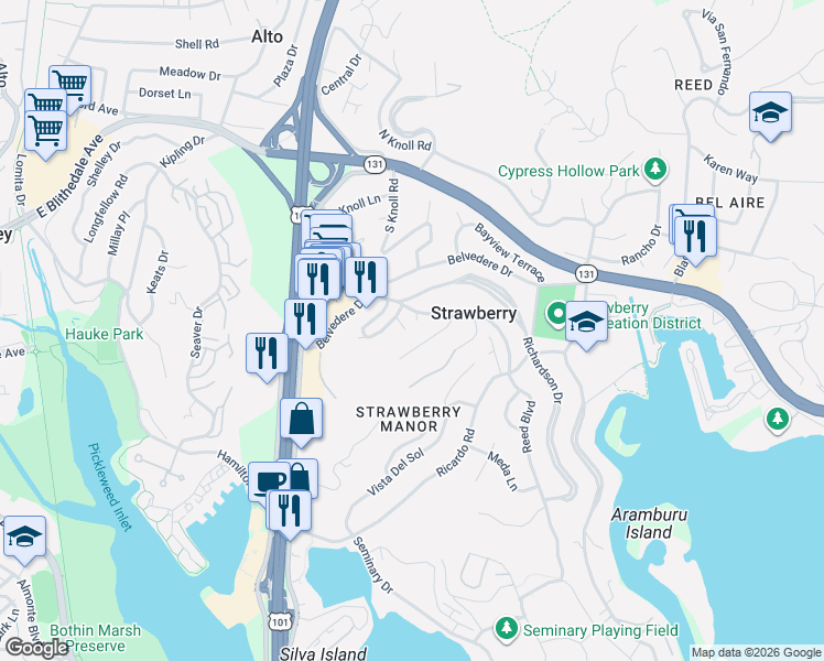 map of restaurants, bars, coffee shops, grocery stores, and more near 9 Clotilda Court in Mill Valley