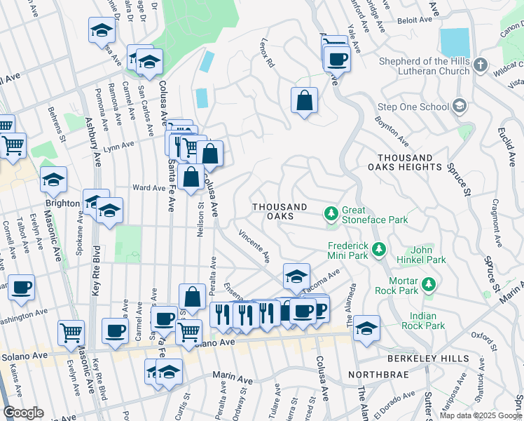 map of restaurants, bars, coffee shops, grocery stores, and more near 1737 Thousand Oaks Boulevard in Berkeley