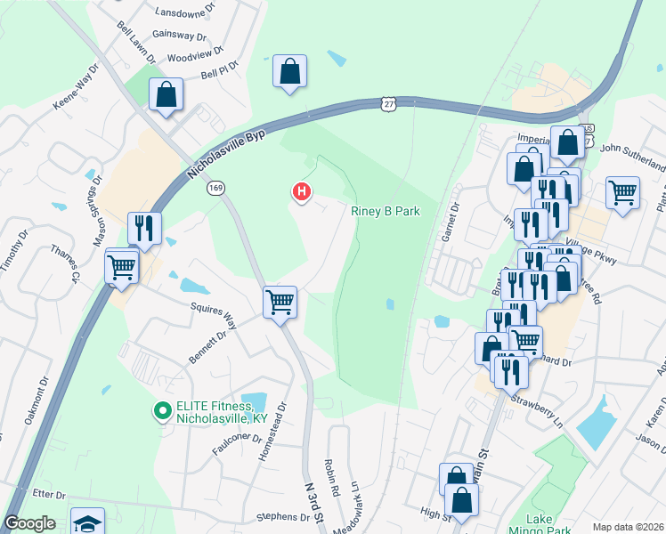 map of restaurants, bars, coffee shops, grocery stores, and more near 114 Rainbow Drive in Nicholasville