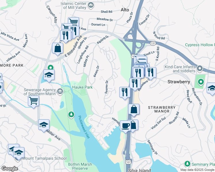 map of restaurants, bars, coffee shops, grocery stores, and more near 515 Seaver Drive in Mill Valley