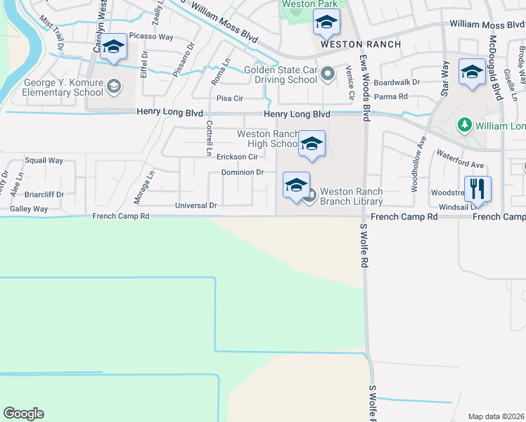 map of restaurants, bars, coffee shops, grocery stores, and more near 4949 Hearthwood Court in Stockton