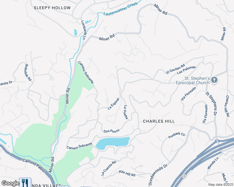 map of restaurants, bars, coffee shops, grocery stores, and more near 1 La Campana Road in Orinda