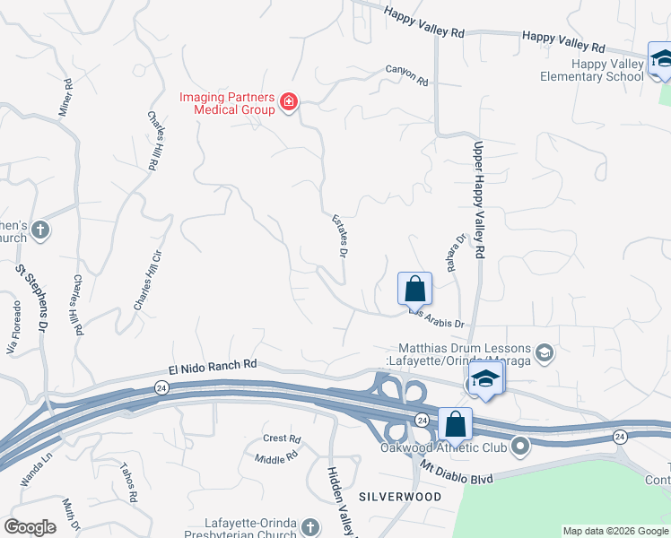 map of restaurants, bars, coffee shops, grocery stores, and more near 1121 Estates Drive in Lafayette