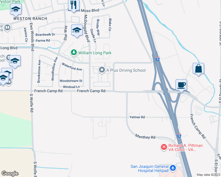 map of restaurants, bars, coffee shops, grocery stores, and more near 604 Blue Stone Drive in Stockton