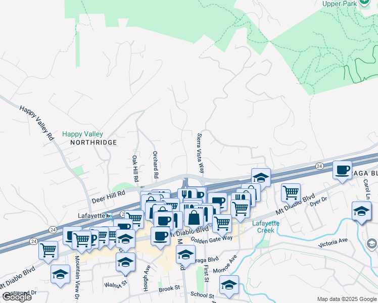 map of restaurants, bars, coffee shops, grocery stores, and more near 1084 Laurel Drive in Lafayette