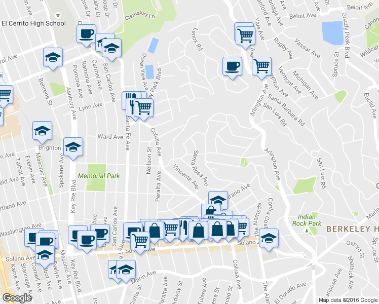map of restaurants, bars, coffee shops, grocery stores, and more near 1737 Thousand Oaks Boulevard in Berkeley