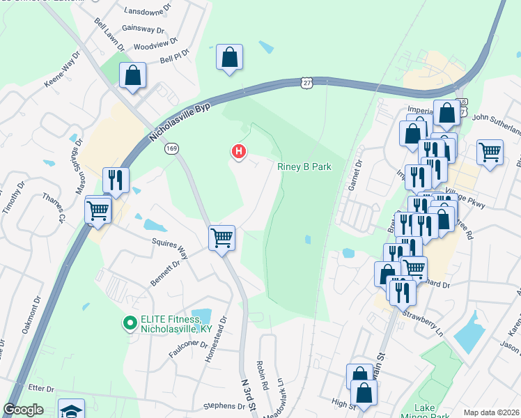 map of restaurants, bars, coffee shops, grocery stores, and more near 114 Rainbow Drive in Nicholasville