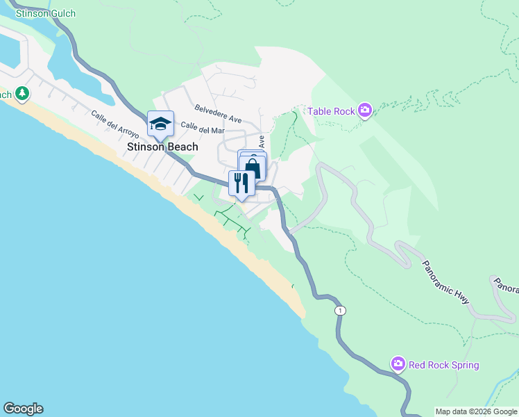 map of restaurants, bars, coffee shops, grocery stores, and more near 1 Marine Way in Stinson Beach